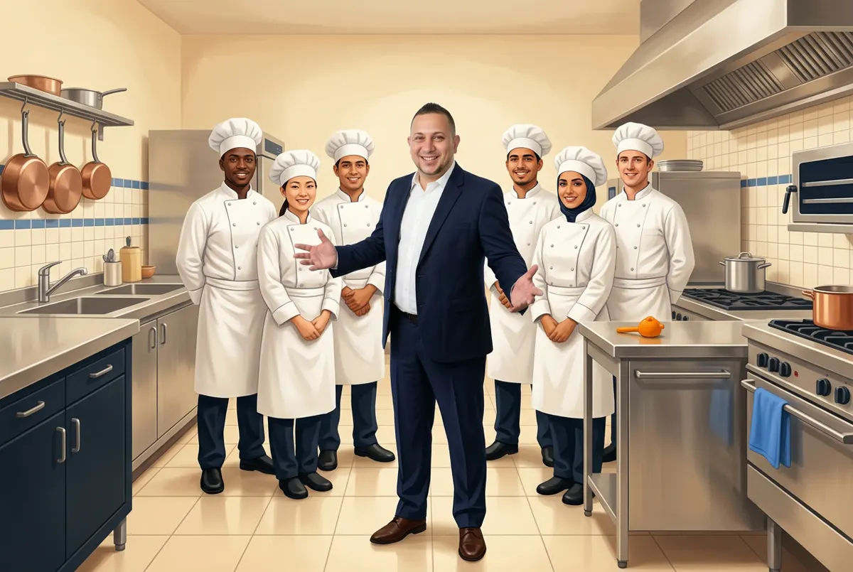Le chef fondateur présente sa brigade de cinq apprentis