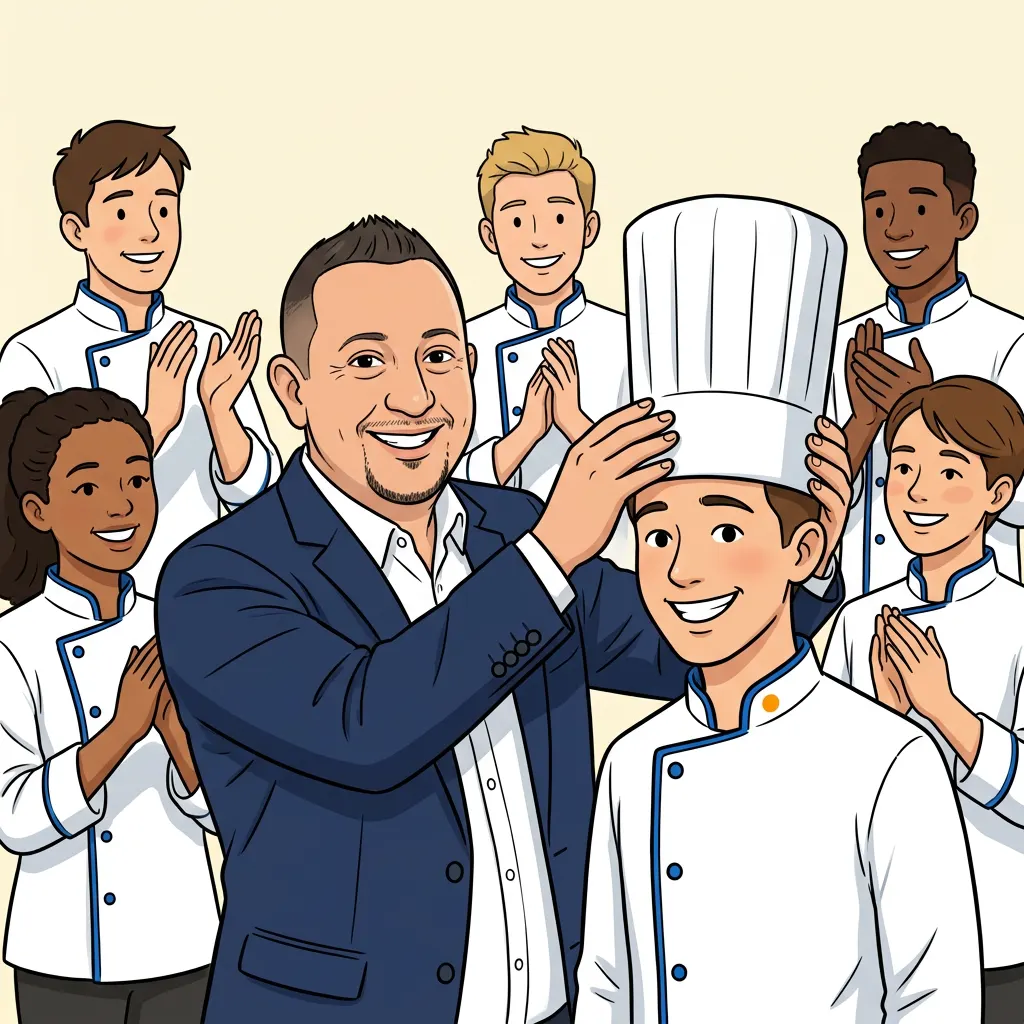 Le chef remet la toque de coach à un apprenti applaudi par sa brigade