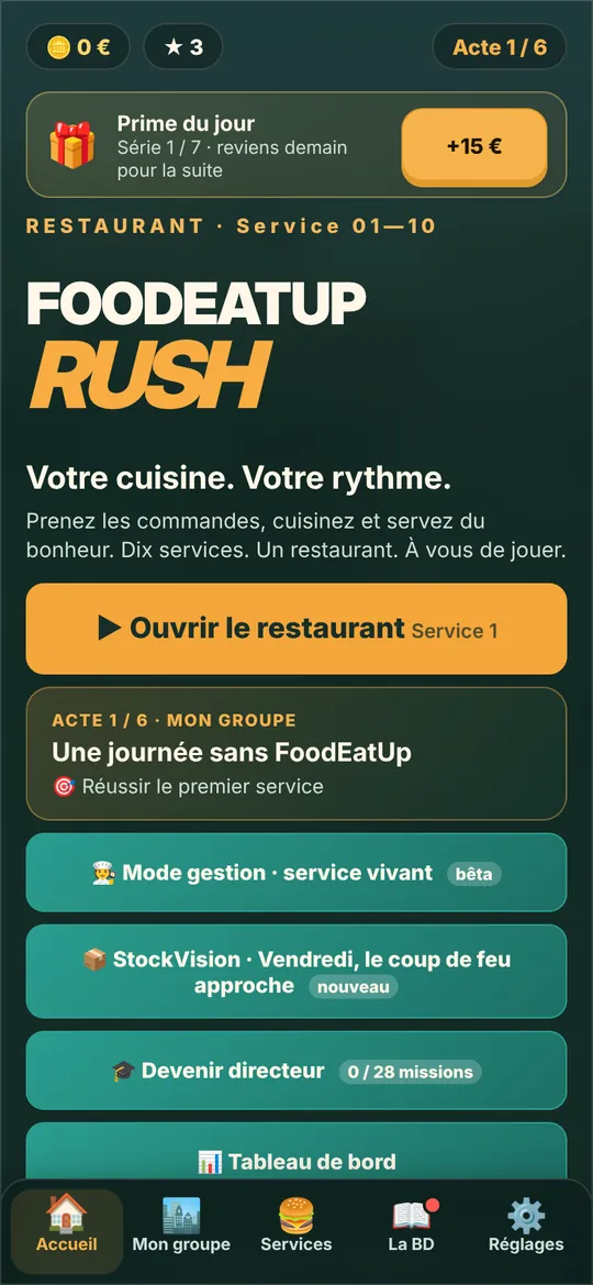 L'écran d'accueil du jeu sur téléphone : services, mode gestion, StockVision, Devenir directeur